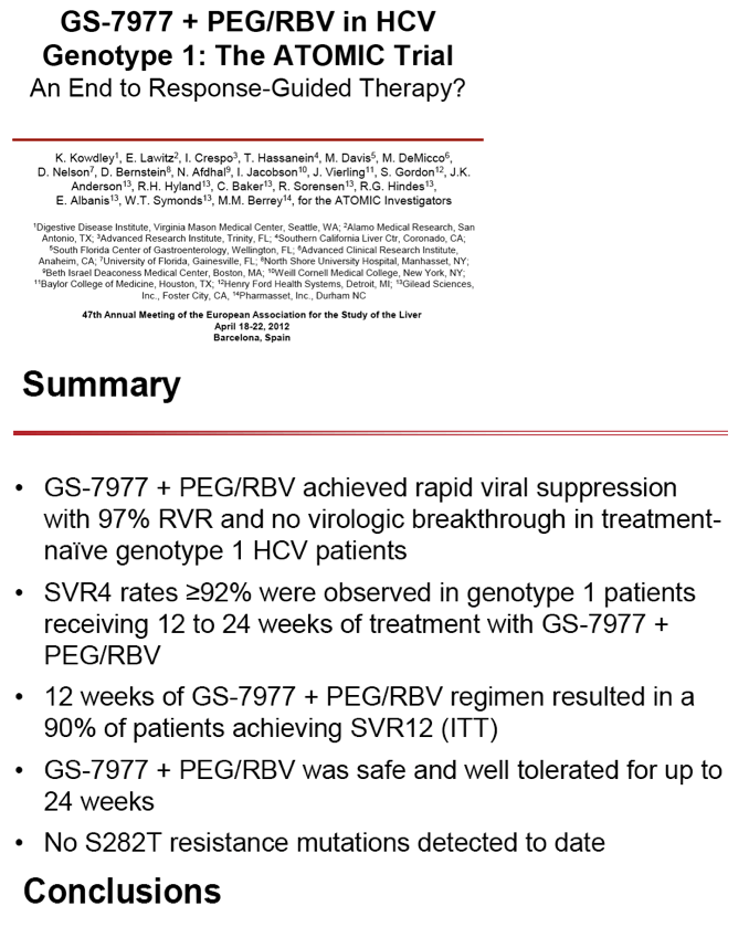 Gs 7977 Peg Rbv In Hcv Genotype 1 The Atomic Trial An End To Response Guided Therapy